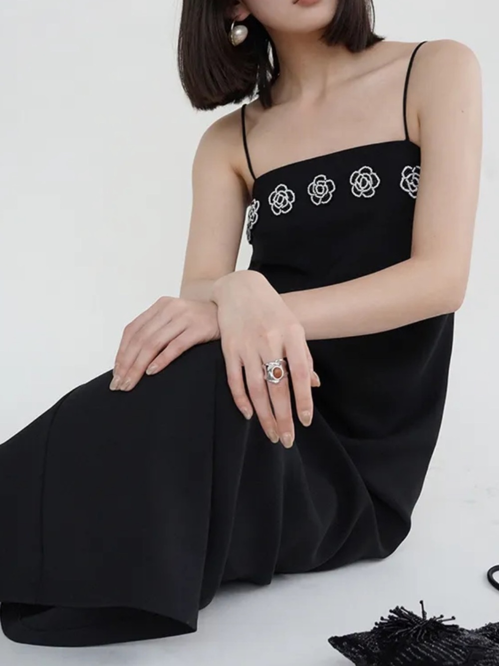 AZHU Black Beaded Embellished Floral Maxi Slip Dress S